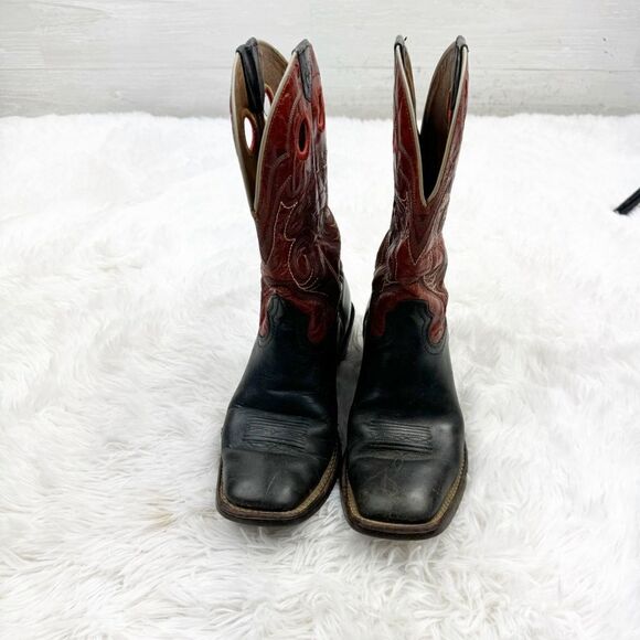 Ariat Square Toe Red & Black Embroidered Leather Western Cowboy Boots - Picture 2 of 14